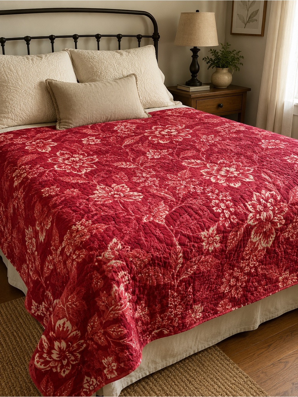King Size Pottery Barn Matine Linen Blend Quilted Reversible Floral Bedspread